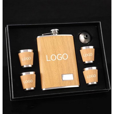 Wood Grain Pattern Pocket Whiskey Flask Gift Set